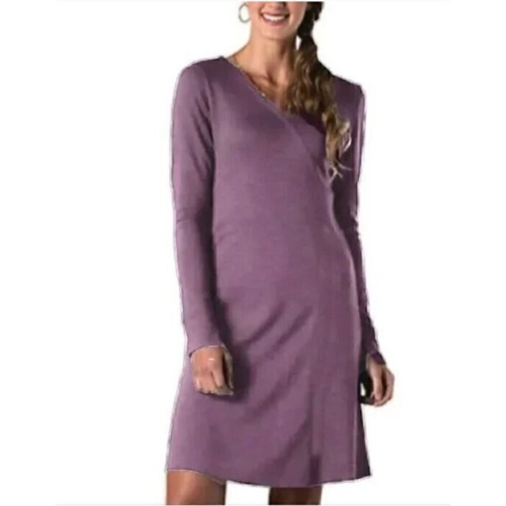 Horny Toad Dress Womens Small Tomboy Faux Wrap Long Sleeve Purple Micro Stripe